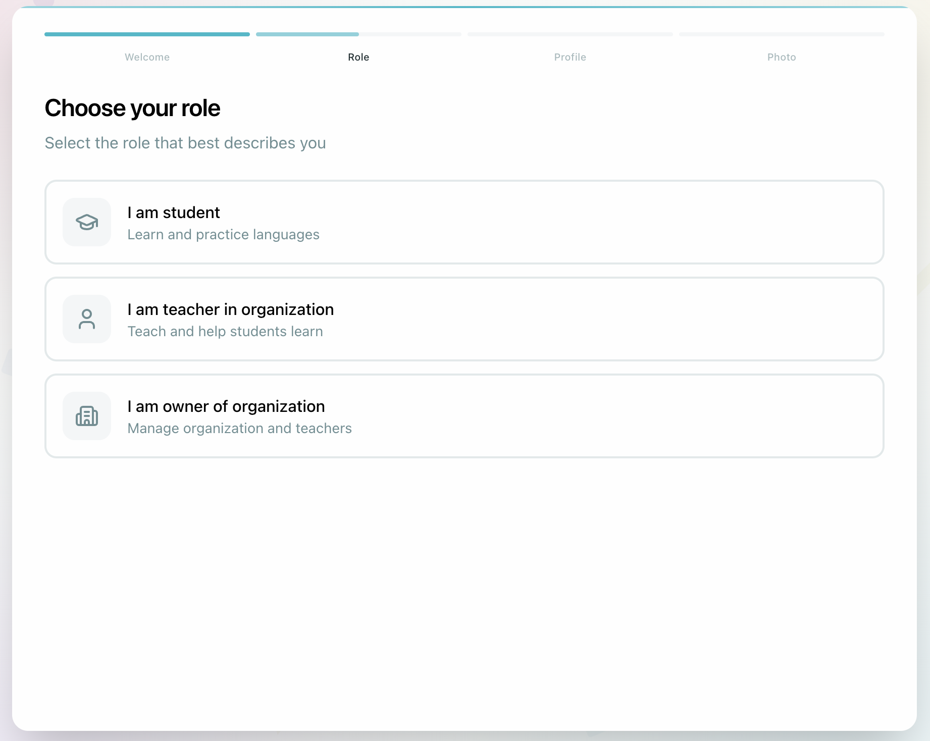 Onboarding wizard — role select