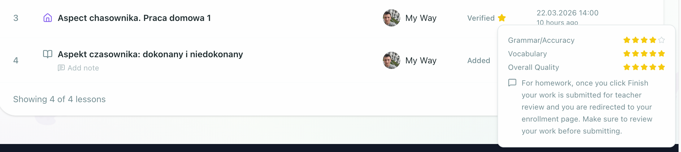 Star icon on Enrollment page with feedback popover