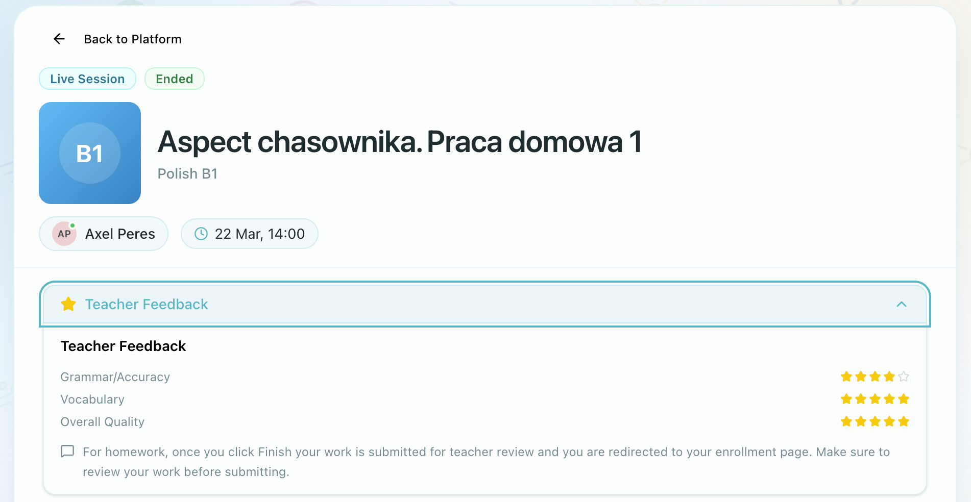 Teacher Feedback banner in lesson view with scores and comment